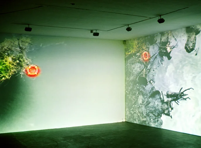 photo of a 2-video projection in gallery of the river Liffey at high and low tide